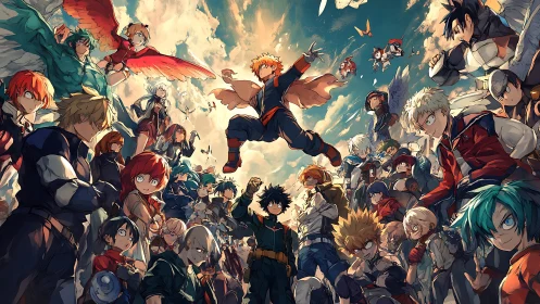 Heroic anime ensemble converges under dramatic clouded sky