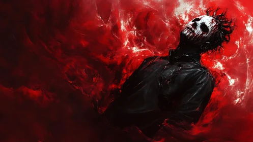 Masked horror figure in black coat against red vortex