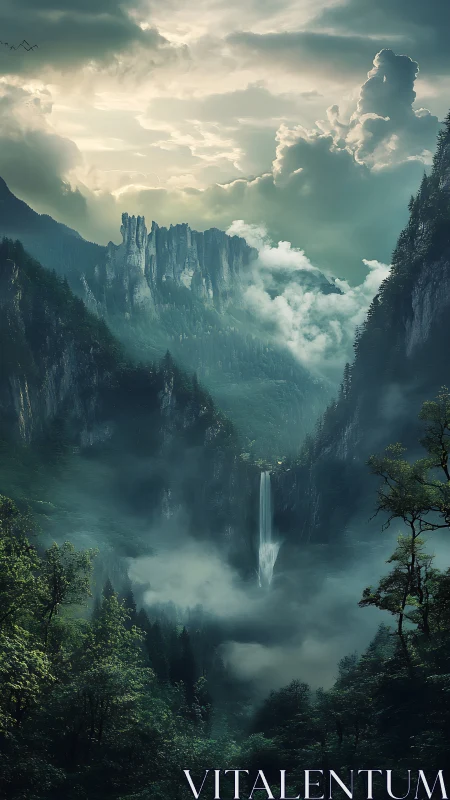 Mystic mountain waterfall sinks into a fog-veiled valley