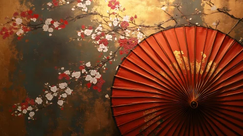 Burnt-gold blossom wall with radiant vermilion parasol fan.