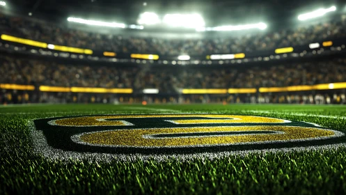 Illuminated football field logo glows under stadium lights