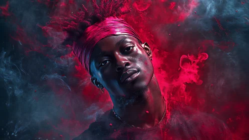 Portrait of young man in red smoke with moody lighting