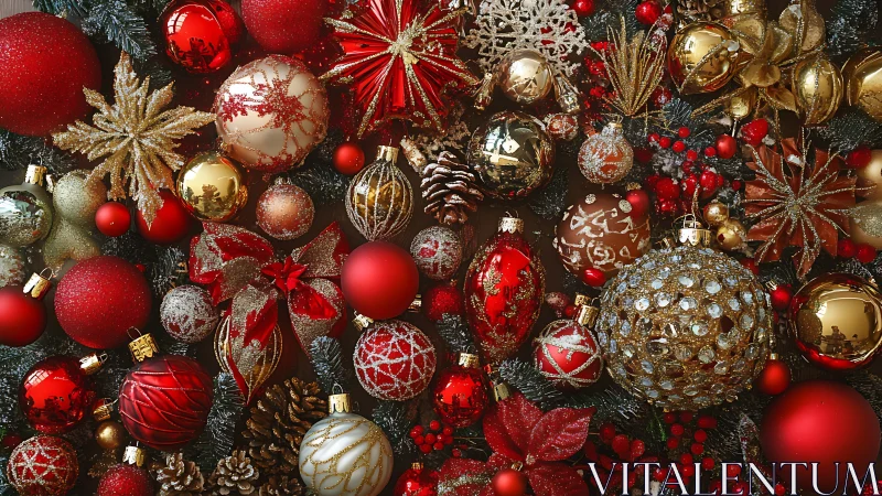 Christmas ornaments cluster with rich red and gold detail.