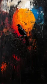 Solitary crow resting against a bold burning sunset glow.