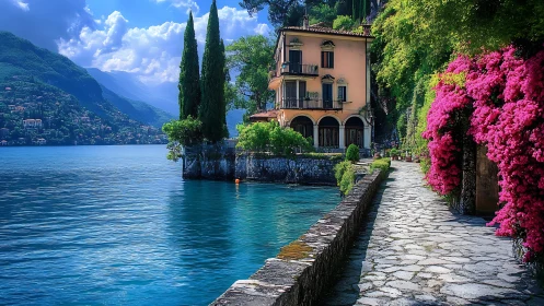 Lakeside villa with stone path, bright flowers and mountains