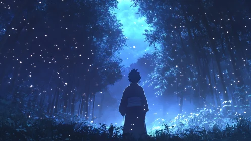 Quiet night wanderer in a glowing blue forest of wonder.