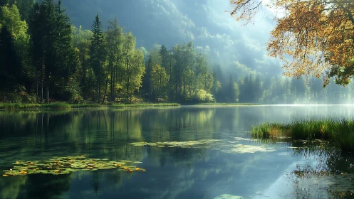 Mist-kissed forest lake cradling quiet lily kingdoms.