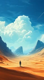 Solitary figure stands in vast stylized desert valley