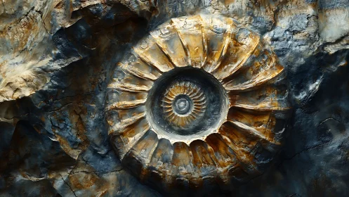 Ammonite fossil embedded in textured rock wall surface