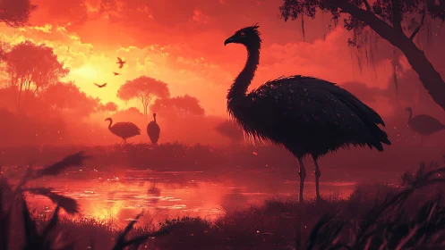 Giant wading bird surveys crimson wetland at sunset