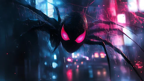 Neon-eyed cyber spider stalking through rain-soaked cityscape.
