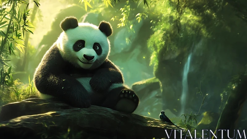 Playful panda resting in a dreamy bamboo forest glade.