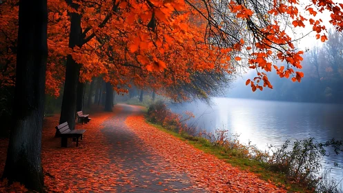 Autumn riverside path under vivid red foliage at dawn.