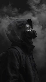 Solitary hooded wanderer in gas mask amid swirling smoke.