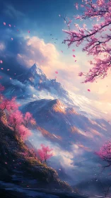 Blossoming mountain sunrise wrapped in soft pink and gold light.