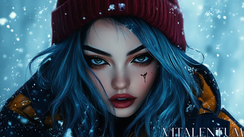 Blue-haired girl in snow with red beanie and scar mark.