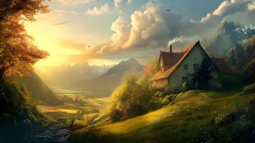 Radiant alpine valley with hillside cottage at golden hour.