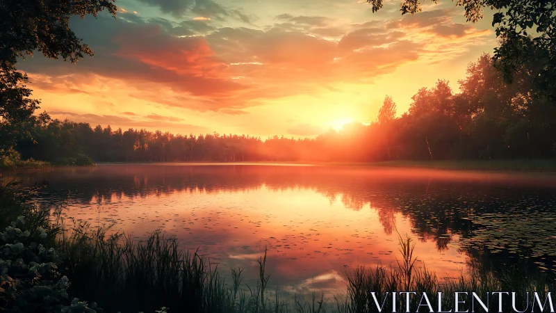 Radiant sunset over tranquil forest lake with soft mist glow.