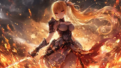 Armored flamewrought swordswoman in incandescent battlefield.