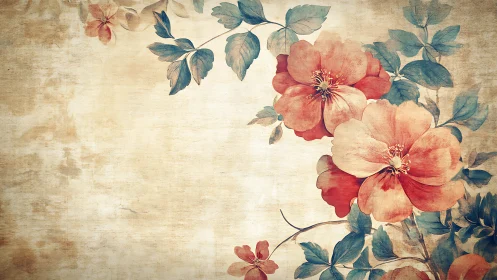 Vintage floral illustration shows red blossoms on aged paper
