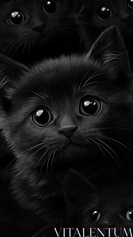 Monochromatic Black Cat Faces with Luminous Eyes and Fine Fur Detail