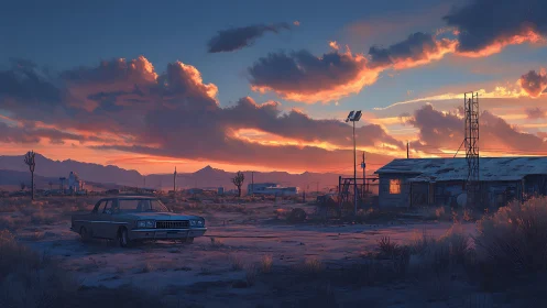 Desert sunset garage and old car in quiet evening glow.