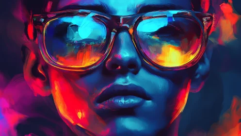Neon-lit portrait with reflective sunglasses and bold hues.