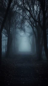Moody foggy forest path inviting quiet, courageous steps.