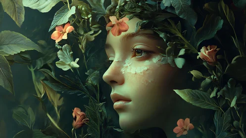 Ethereal forest maiden gazes through lush blooming foliage