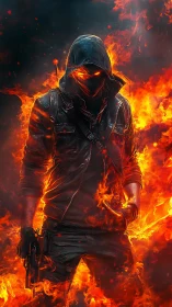 Hooded armed figure standing within surrounding flames.