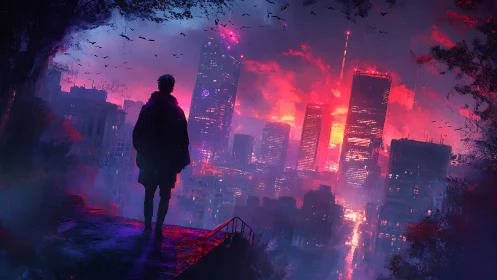 Backlit silhouette surveys neon-lit cyberpunk skyline at dusk