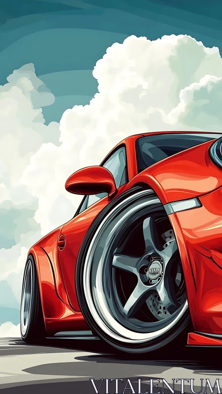 Red sports coupe close-up with large alloy wheel profile.