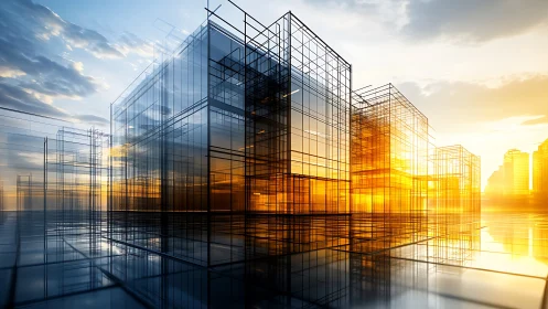 3D Architectural Wireframe Structures at Sunset with Reflections