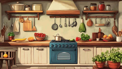 Illustrated kitchen interior centers on a blue gas range