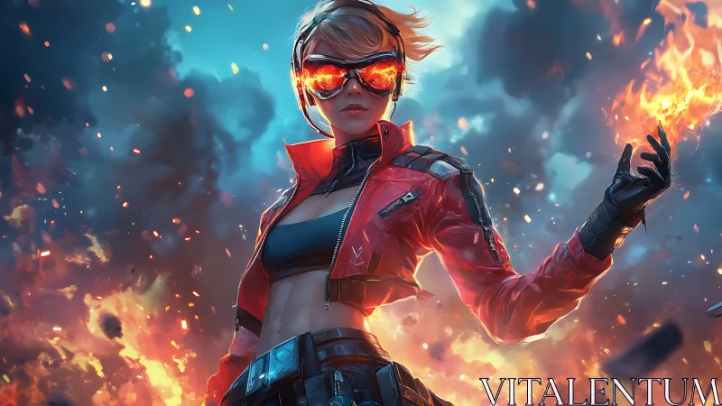 Fire-wielding cyber heroine commands a blazing battlefield.