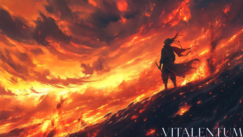 Warrior silhouetted against massive inferno in dramatic landscape.