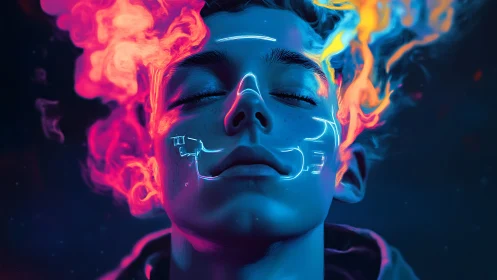 Digital portrait of youth with neon lines and colored smoke.