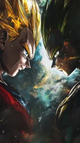 Two stylized warriors face off in a vertical split composition