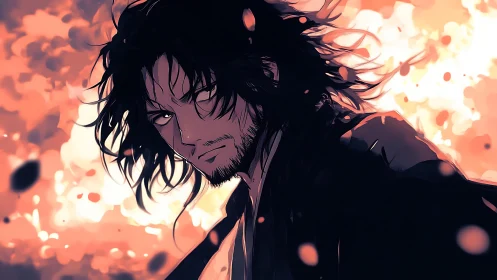 Storm-lit warrior gazes back with a calm, fiery resolve