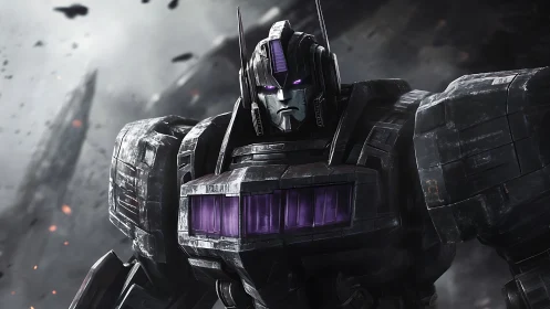 Armored humanoid mech stands in a smoky, debris-filled scene