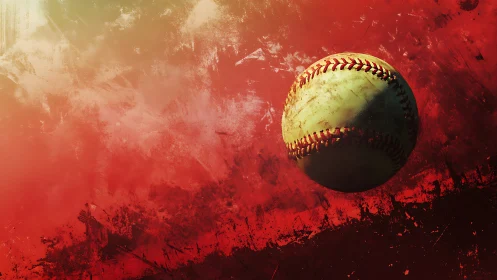 Weathered baseball over grungy red abstract background.