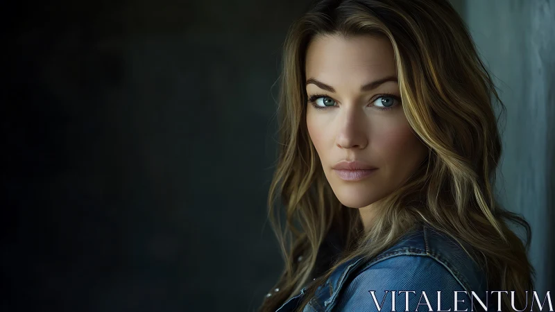 Quiet storm of blue eyes framed in softened denim light.