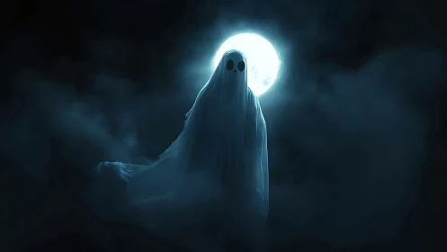 Moonlit sheet ghost drifts softly through midnight mist