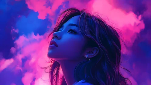Woman looking upward against neon pink and blue sky clouds.