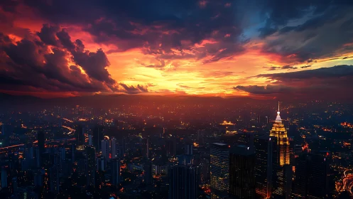 Digital painting skyline with luminous sunset cloud architecture.