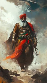 Majestic warrior elder in crimson turban amid swirling sands.