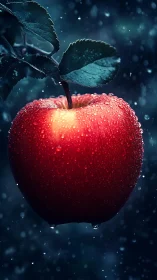Single wet red apple hangs from stem against dark background
