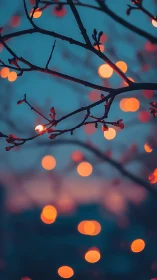 Shallow-depth evening bokeh on bare twigs against teal dusk
