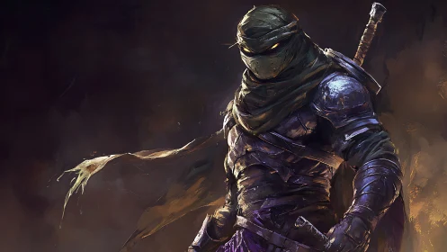 Shadow-wrapped rogue stalks through ember-lit twilight.