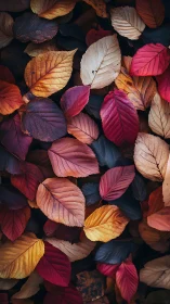 Orderly spread of multicolored autumn leaves in close view.